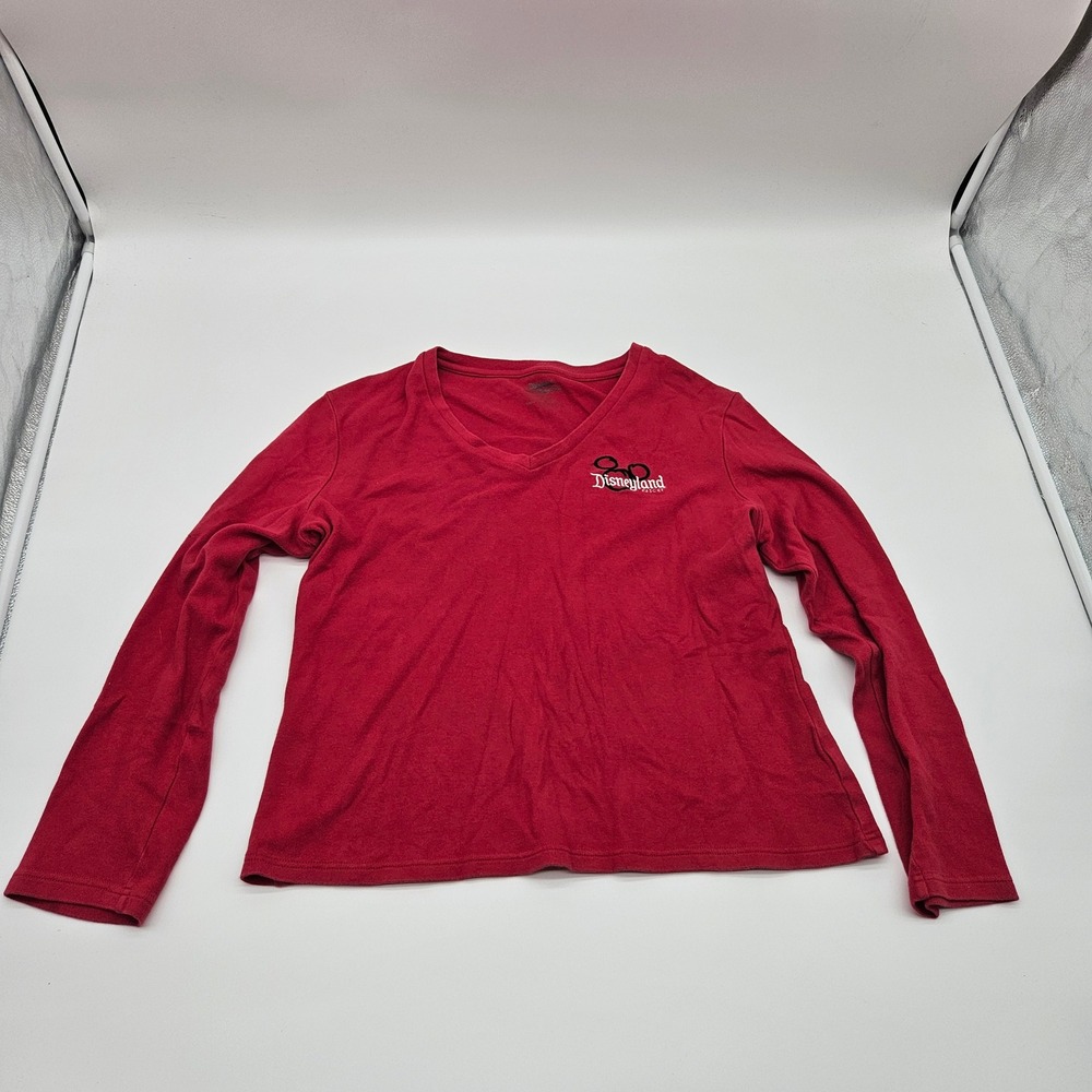 Disneyland Resort Long‎ Sleeve V Neck Shirt Red Mickey Mouse Embroidered Women L